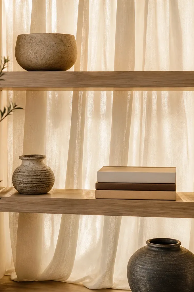Built-in shelves with a soft fabric curtain behind decor and books