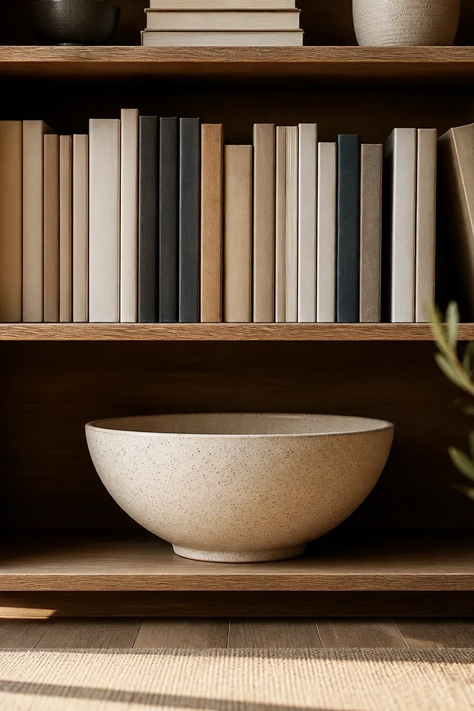 Built-in shelves with tall book columns and one large art object on the bottom shelf