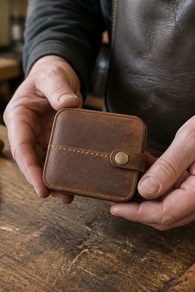 Saddle-brown leather cover with straight brass-toned bar stitching and a neat snap front
