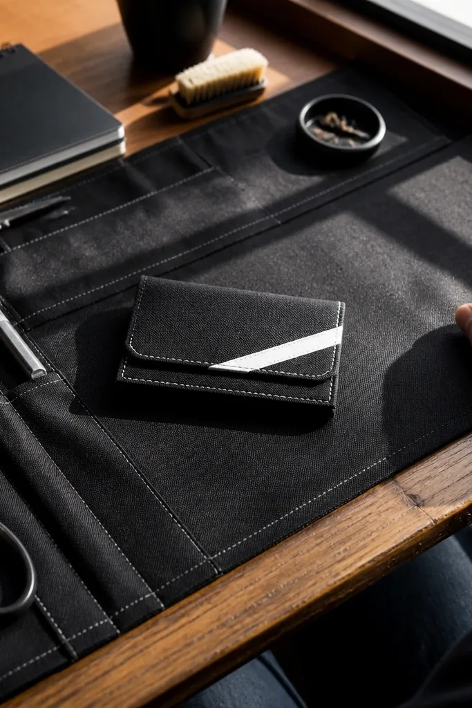 Black canvas cover with a white diagonal stripe and crisp topstitching