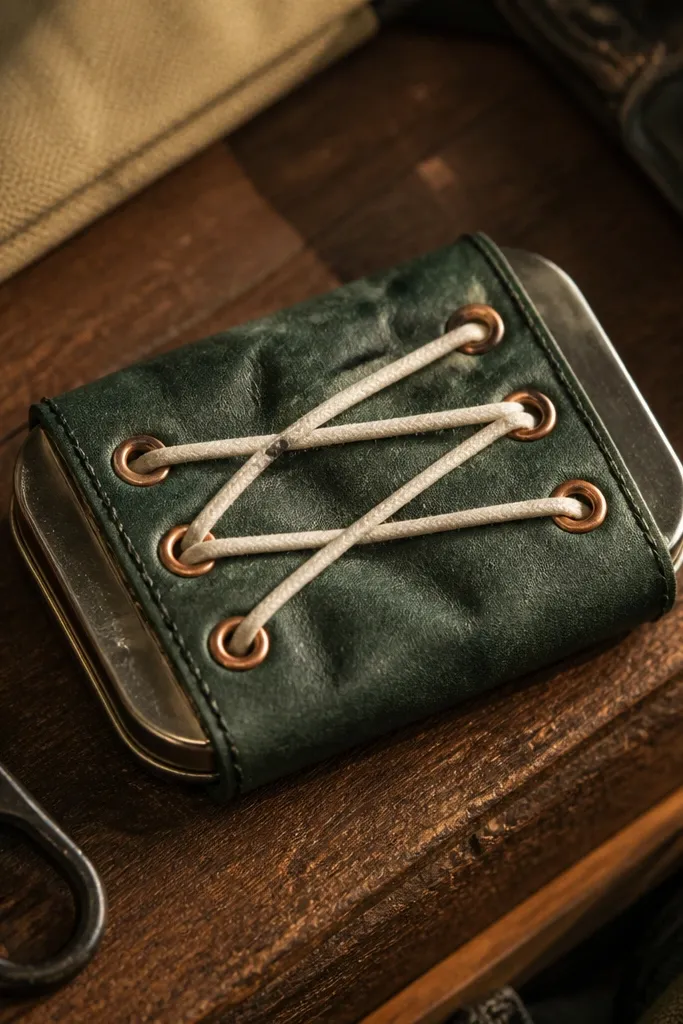 Green waxed canvas cover with copper eyelets and short leather lacing across the front