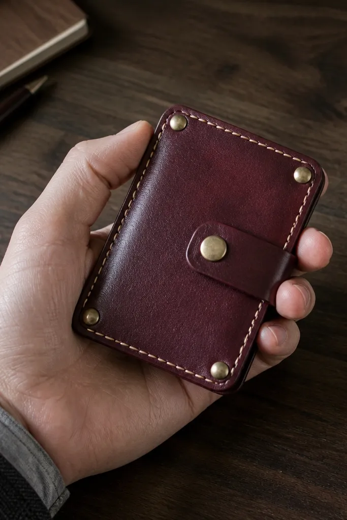 Oxblood leather cover with cream contrast stitching and small metal studs at corners