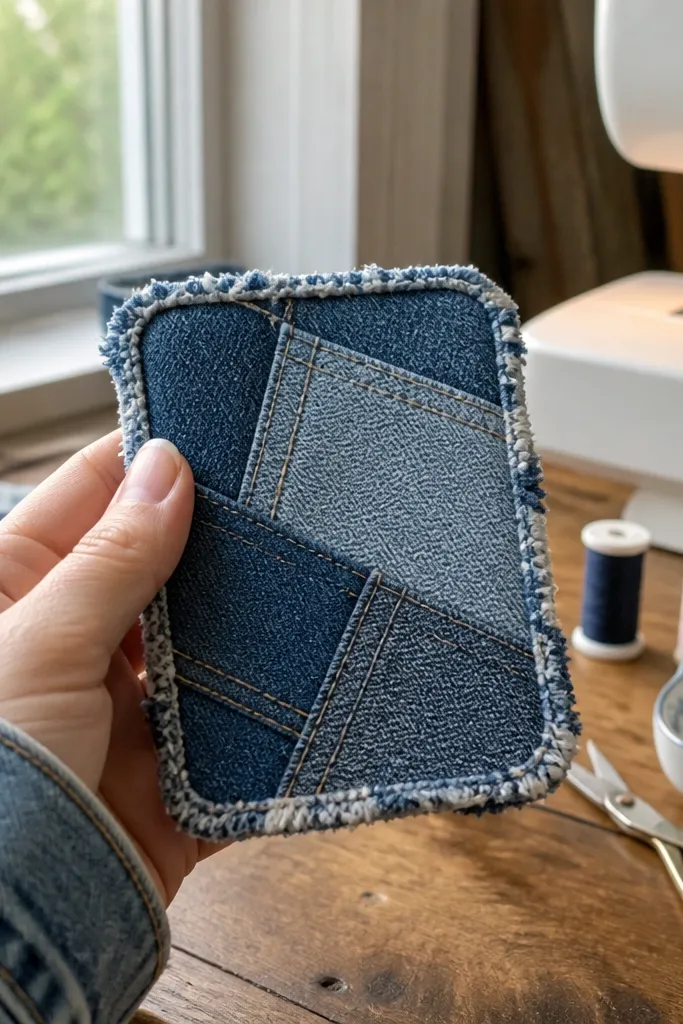 Blue denim patchwork front panel framed by frayed fabric edges