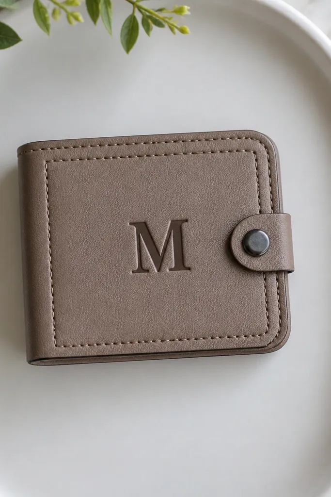 Tan faux leather cover with a centered black monogram and clean border seam