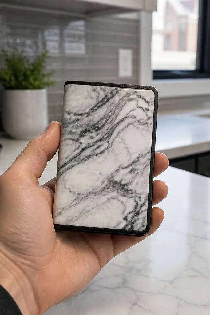 White-and-gray marble-effect vinyl cover with black stitched edge binding