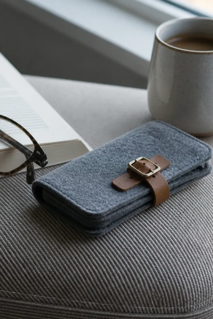 Concrete gray felt cover with a brown leather tab and small brass buckle