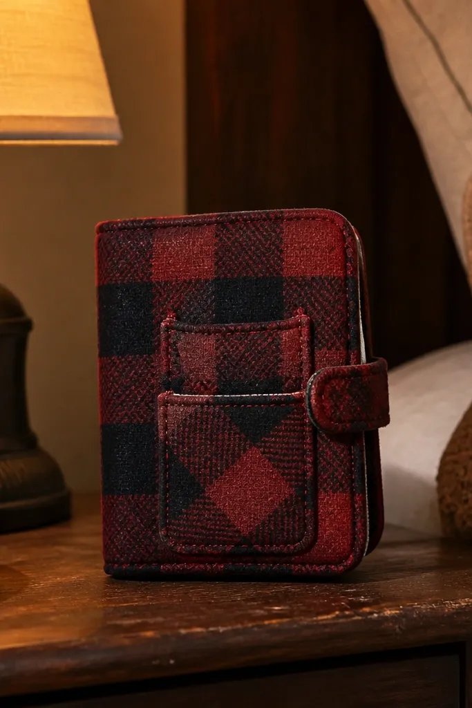 Red plaid flannel cover with two small welt pockets and a dark button closure
