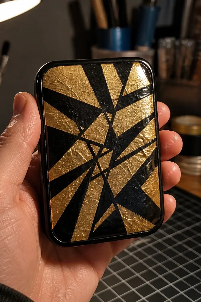 Black cover with gold geometric foil pattern and a glossy clear top finish