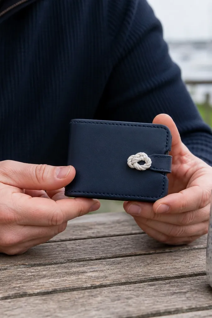 Navy leather cover with a stitched white rope knot accent on the front