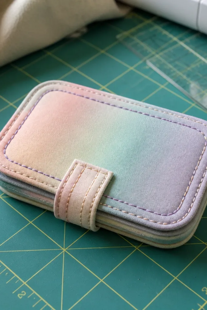 Pastel gradient fabric cover with two-tone stitching lines and a centered snap