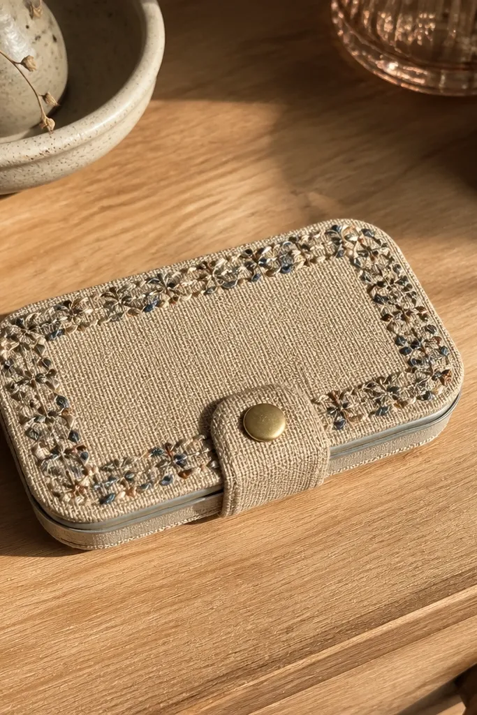 Tan linen cover with a simple embroidered border and a small brass button closure