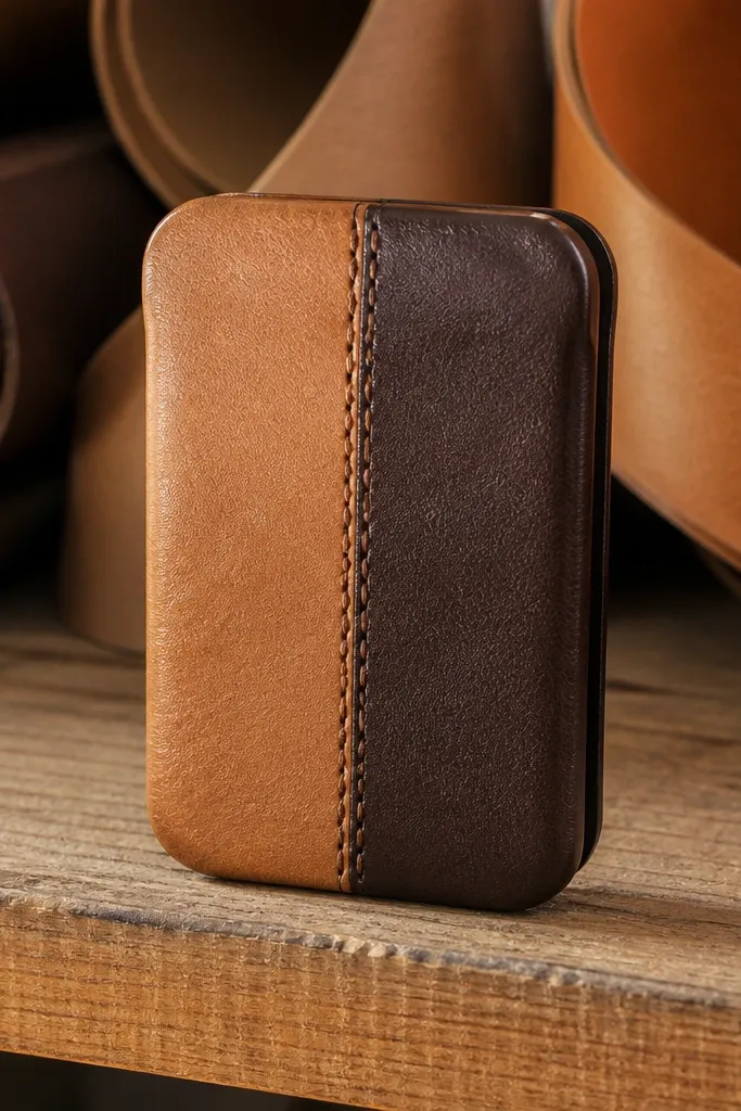 Two-tone leather cover split down the center with a vertical seam and snap closure