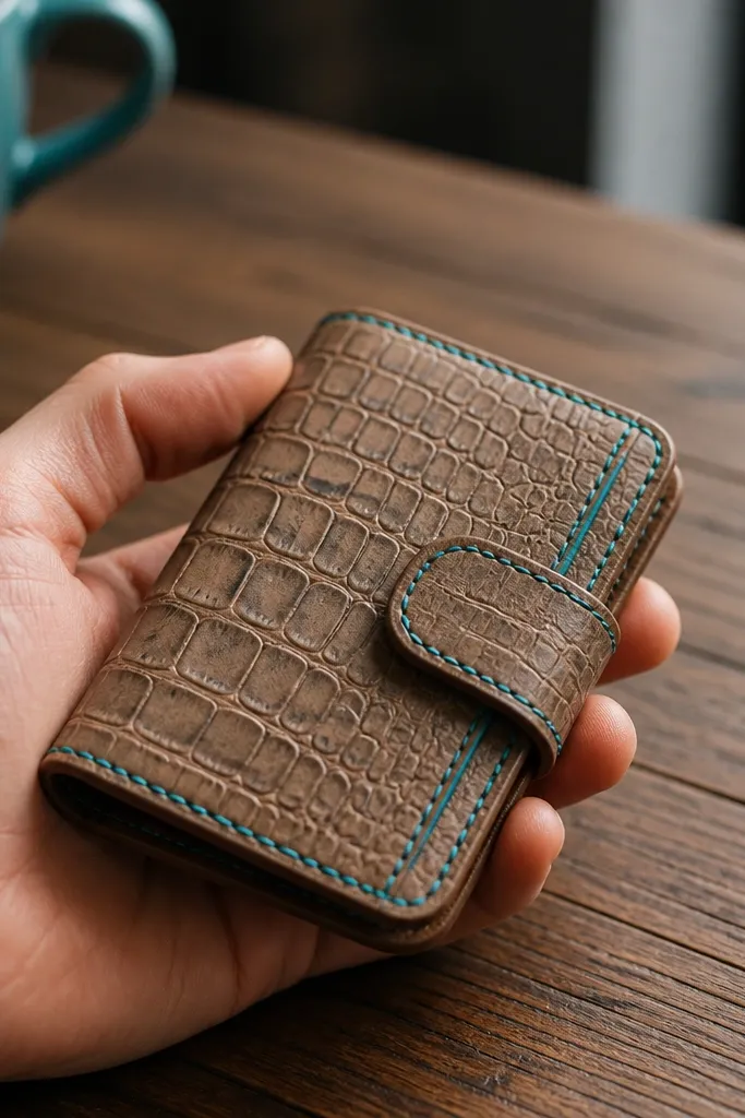 Croc-emboss faux leather cover with teal thread stitching and a centered snap
