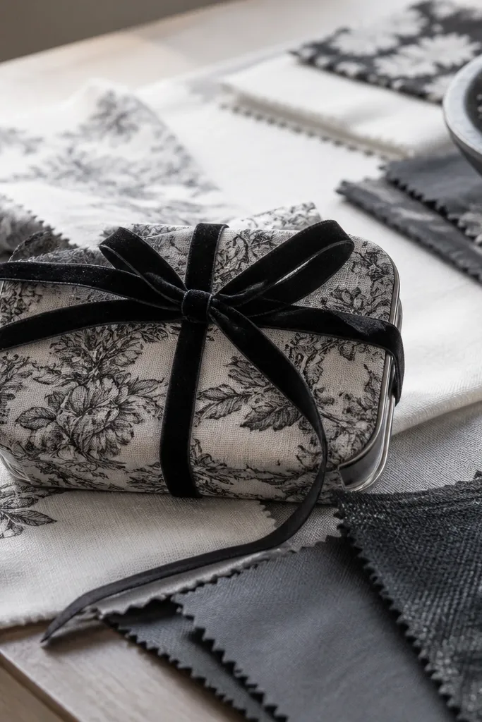 Monochrome floral cover with a black velvet ribbon tie closure