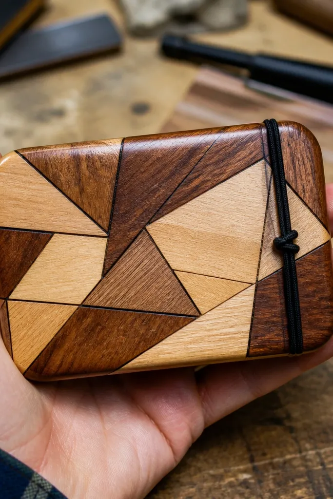 Wood veneer inlay cover with geometric shapes and a clear protective finish