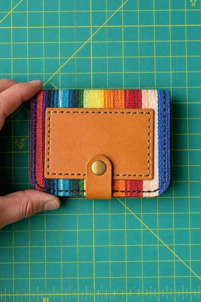 Rainbow striped fabric cover with a centered leather patch panel and snap closure
