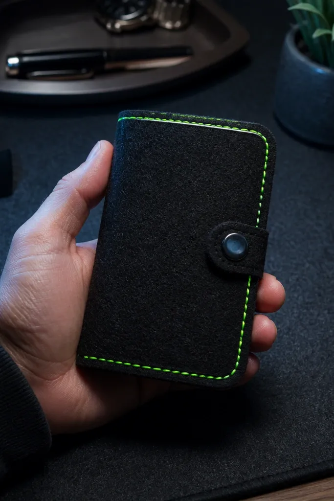 Black felt cover with neon green edge stitching and a side button closure