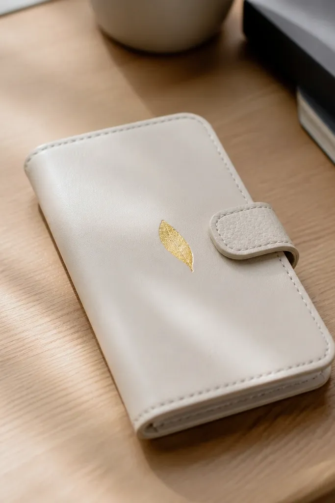 Cream leather cover with a small gold leaf mark and minimal snap closure