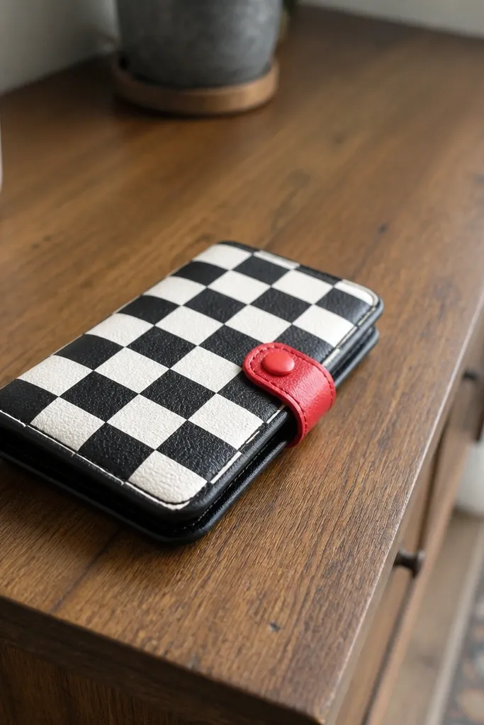 Checkerboard cover with a red snap tab closure and crisp black border