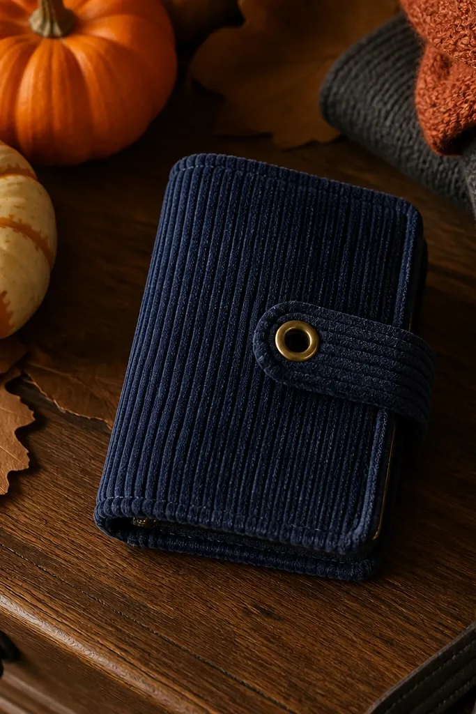 Navy corduroy cover with brass grommets and a short leather strap closure