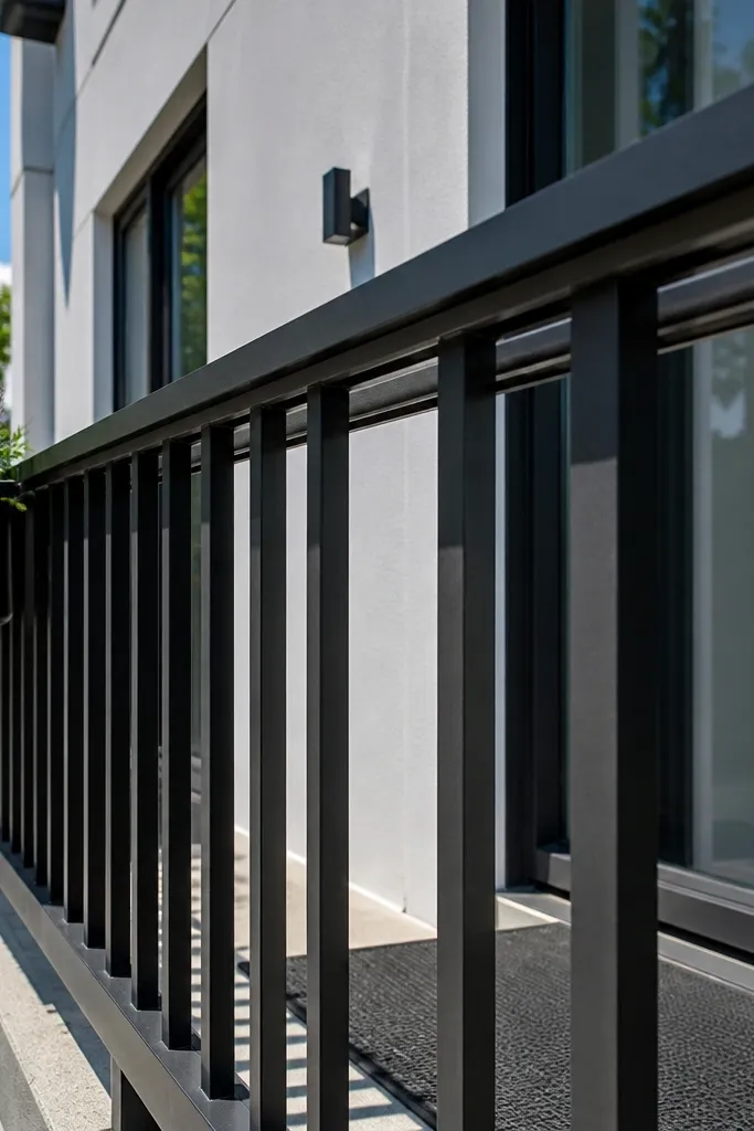 Matte black steel balcony rail with a flat top cap and narrow vertical bars