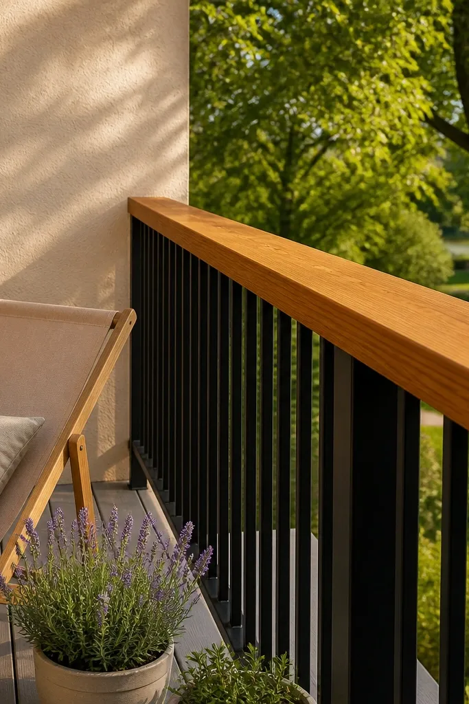 Cedar top rail with black metal vertical pickets on a light balcony wall