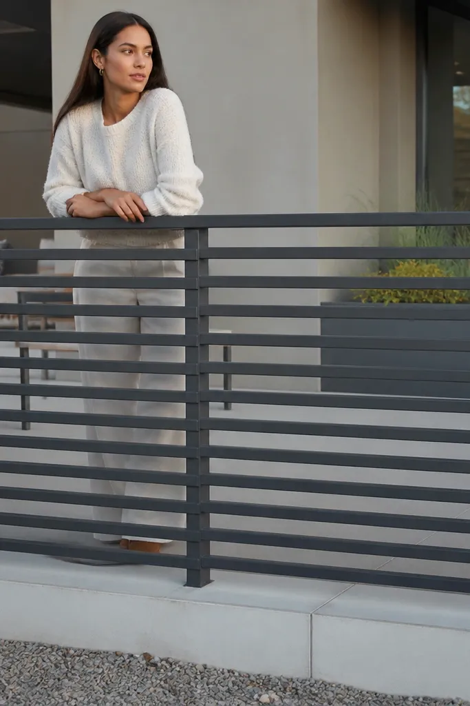 Charcoal horizontal slat balcony screen railing with a light gray top rail
