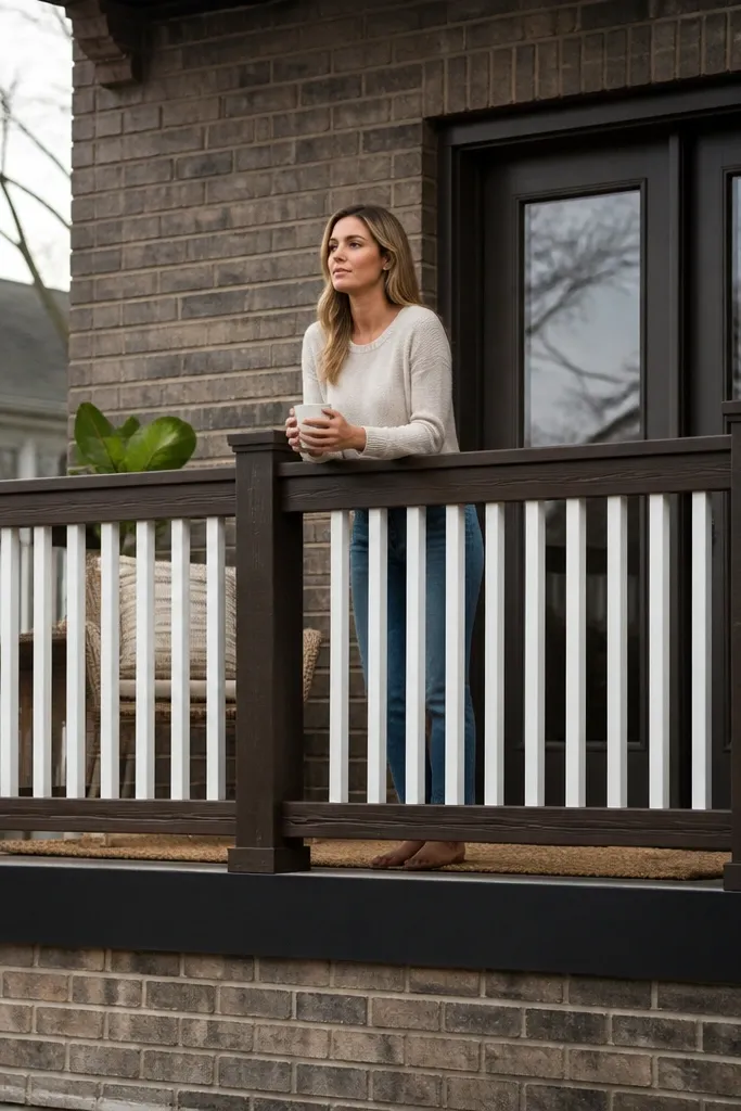 Espresso-stained wood frame with white vertical spindles and a smooth top rail