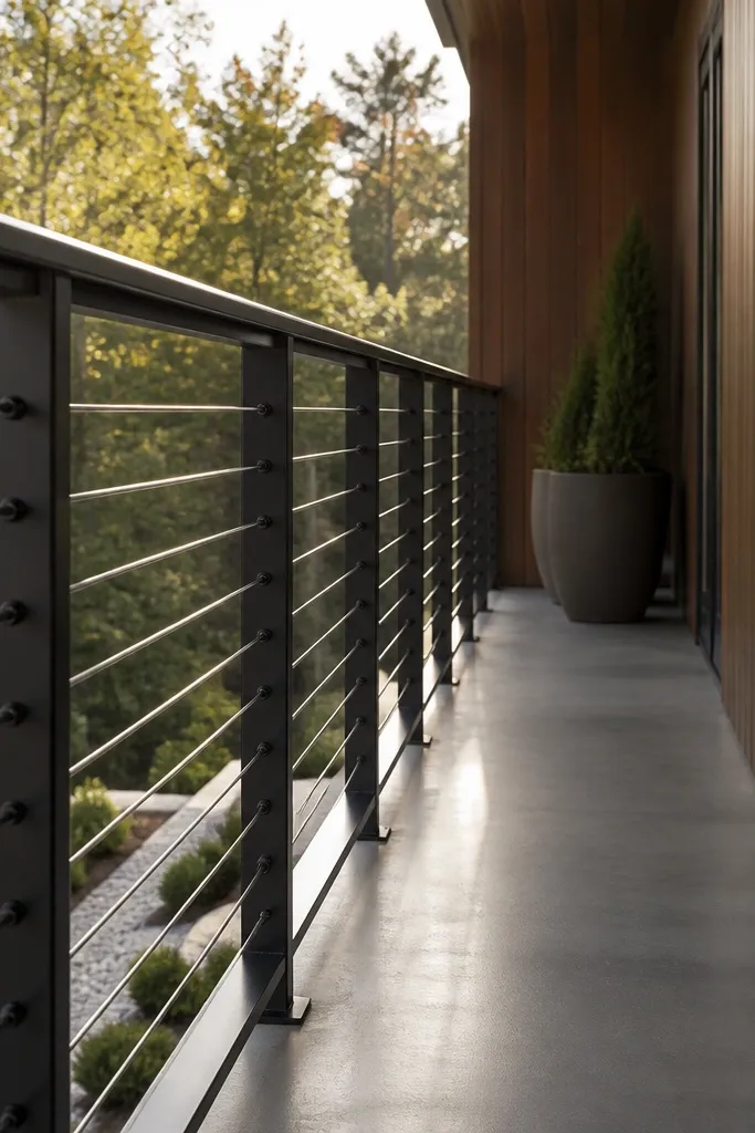 Dark cable railing with evenly spaced steel cables and black tension fittings