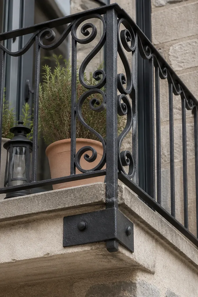 Black wrought iron railing with scroll motifs at corners and straight vertical bars
