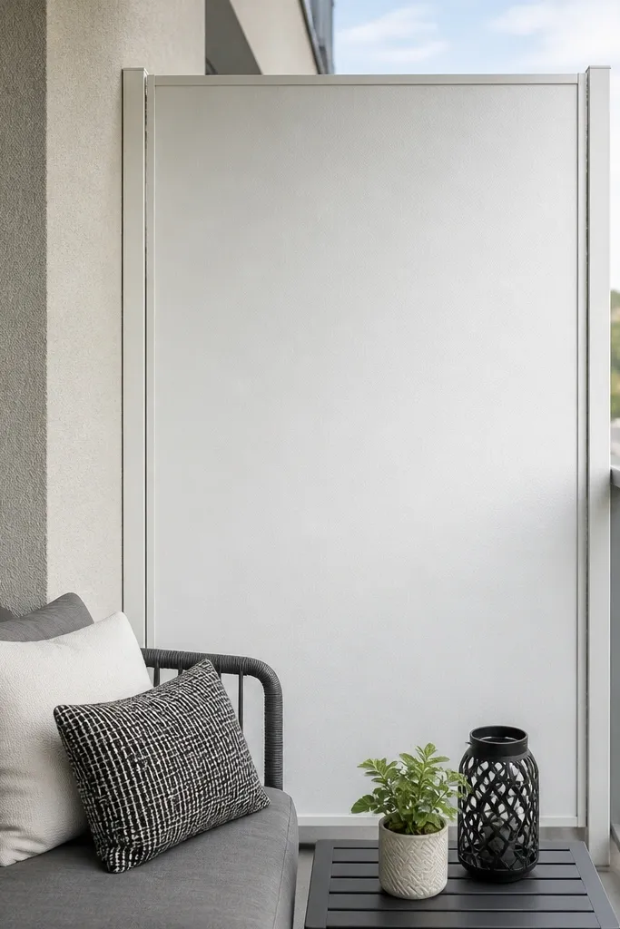 White composite balcony privacy panel railing with thin metal trim edges