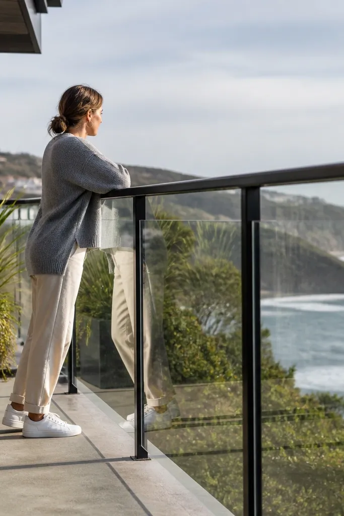 Clear acrylic balcony railing panels with nearly invisible edge clips