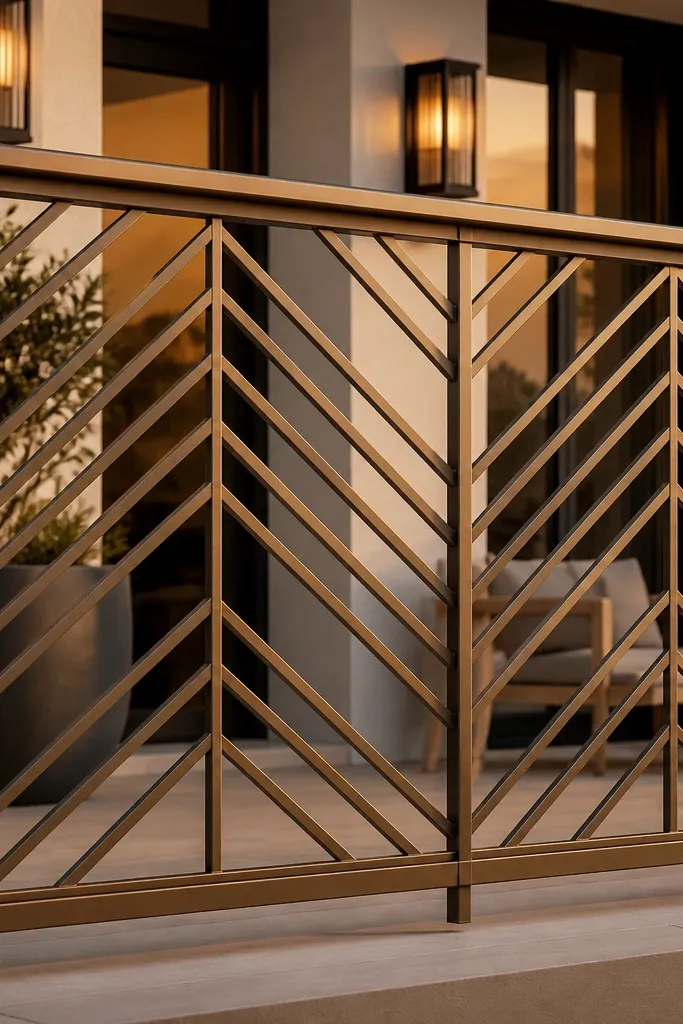 Satin bronze chevron metal infill with a simple top rail and posts