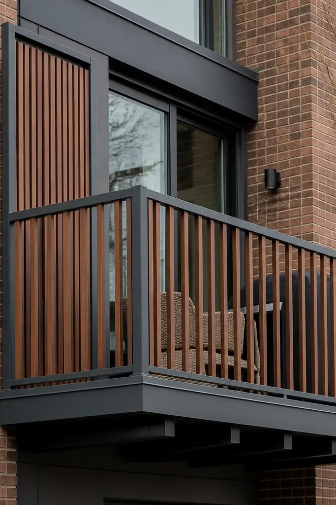 Mortar-gray metal frame with vertical wood battens and a matching top rail