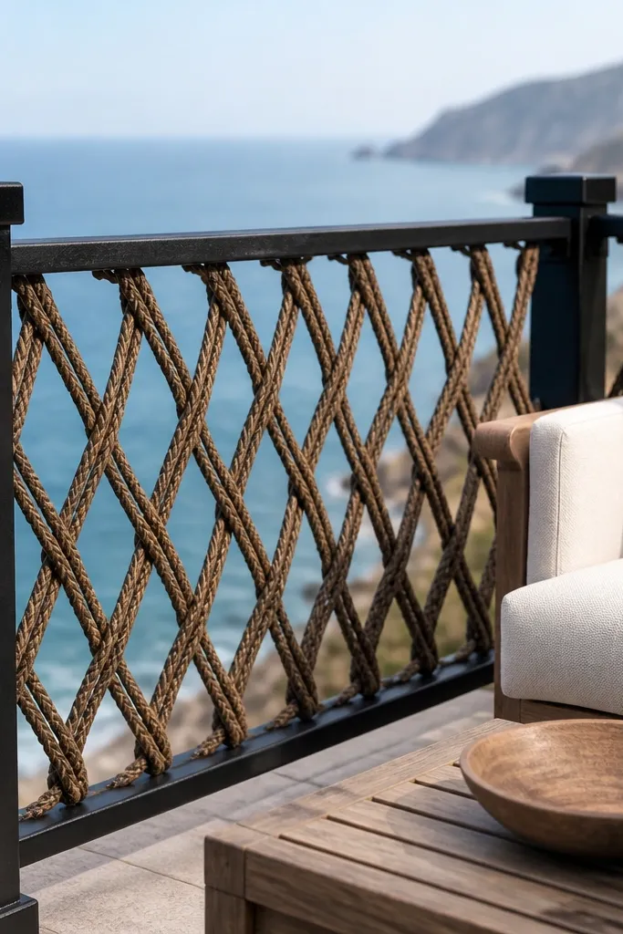 Black posts with braided rope-style infill strands in a tight repeating pattern