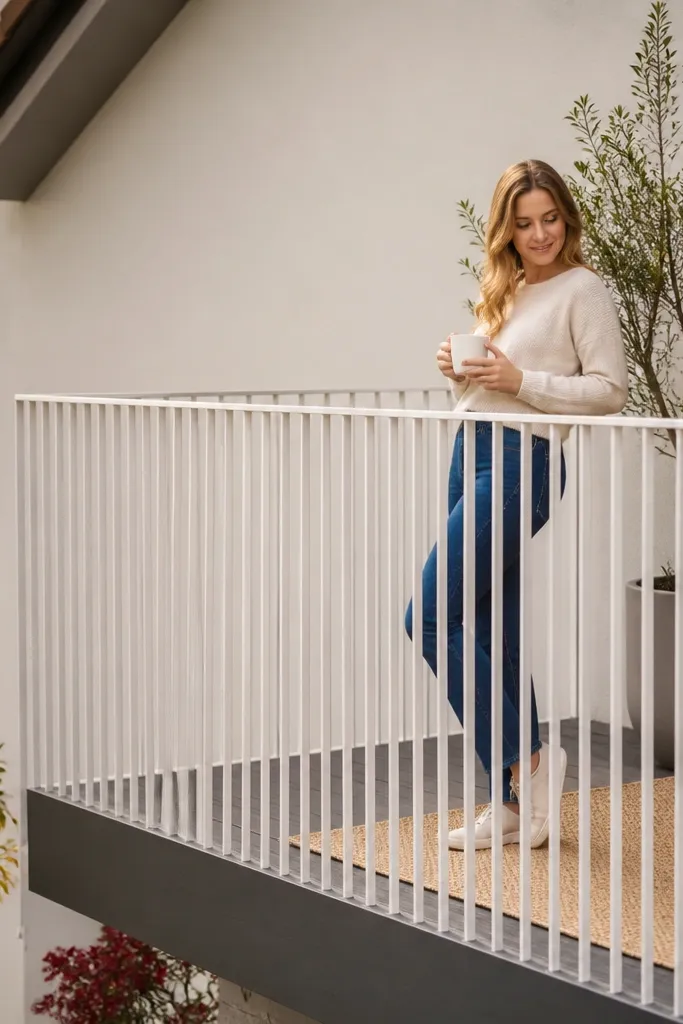 Powder-coated white metal railing with slim vertical bars and a minimal top rail
