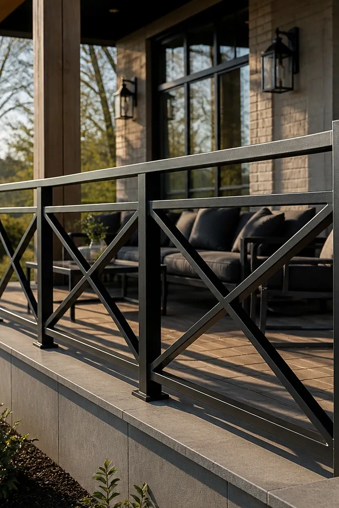 Black steel railing with cross-brace infill and a flat top rail