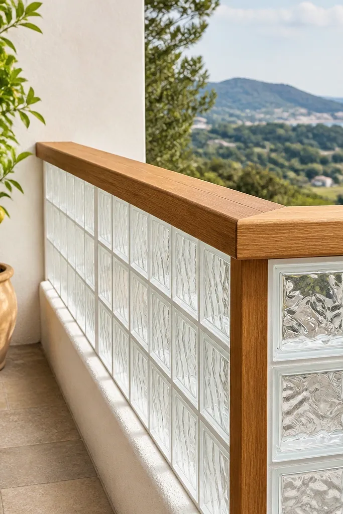 Teak top rail with frosted glass block side panels on a balcony railing