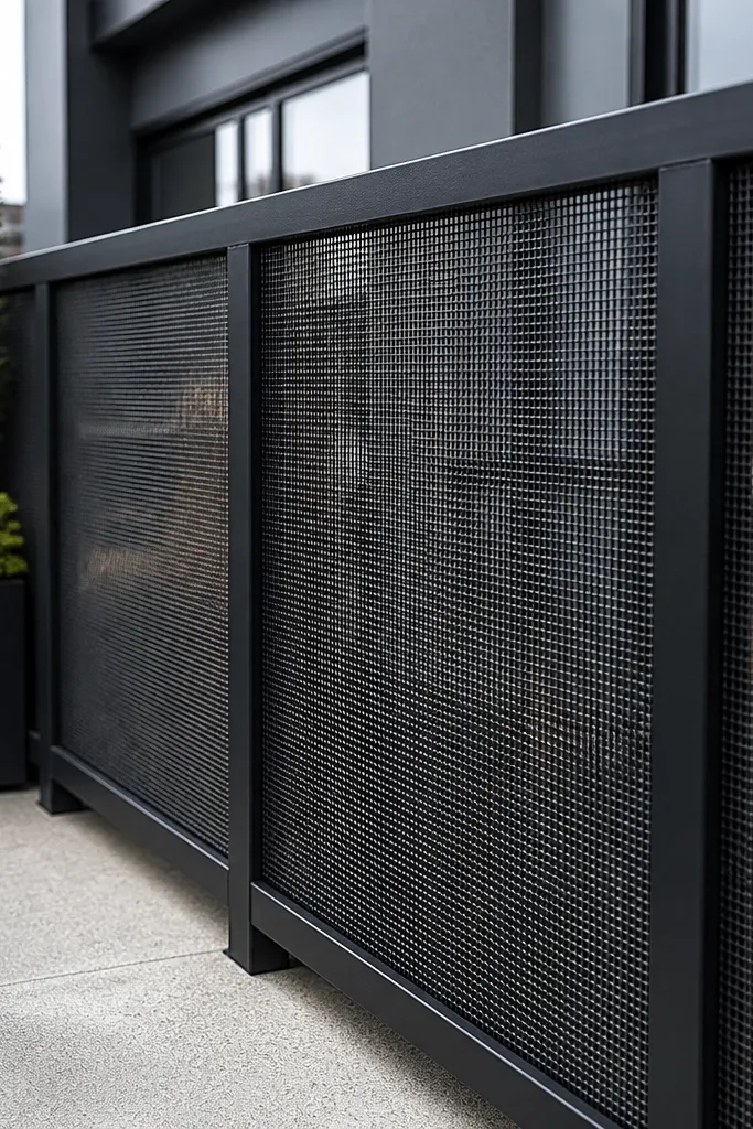 Charcoal textured metal mesh balcony railing with a simple top rail
