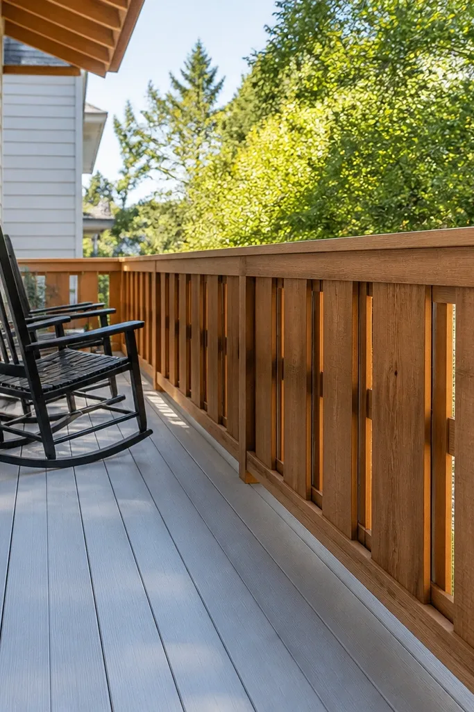 Cedar board-and-batten railing with narrow vertical gaps and a smooth top rail
