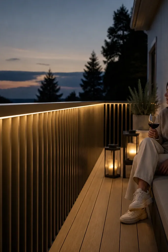 Powder-coated railing with vertical slats and a thin integrated light strip under the top rail