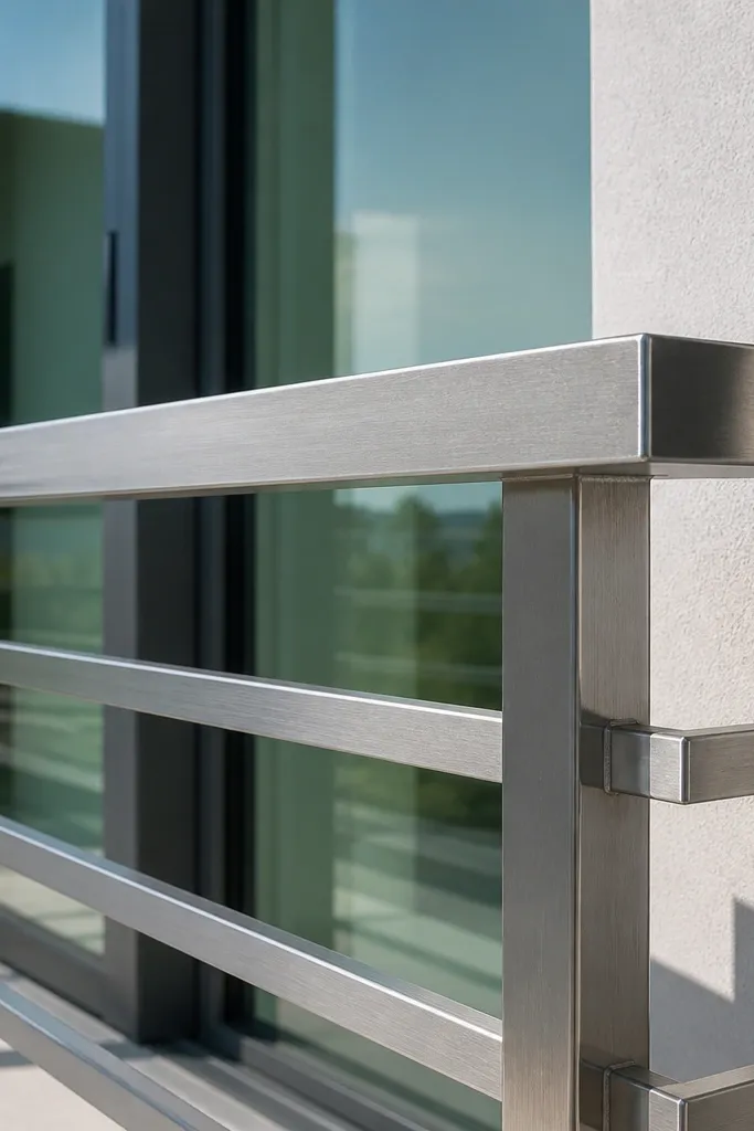 Stainless steel balcony railing with minimalist flat bar verticals and clean top rail