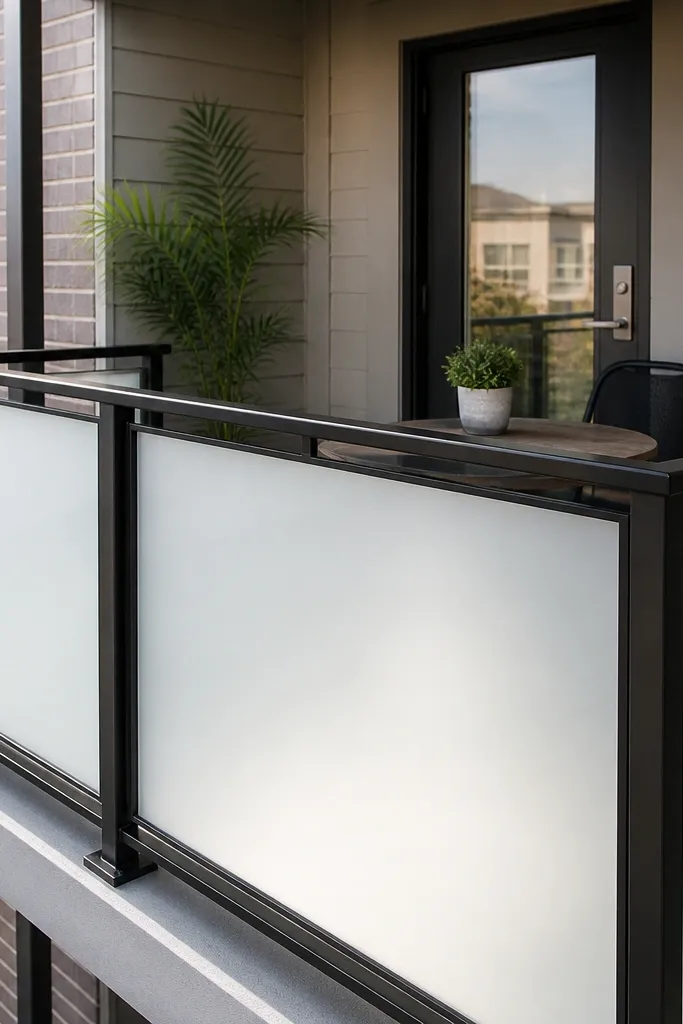 Black metal railing with frosted-looking infill panels using film and clean top rail