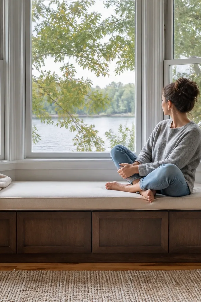 White window bench with cushions under a bay window and hidden storage