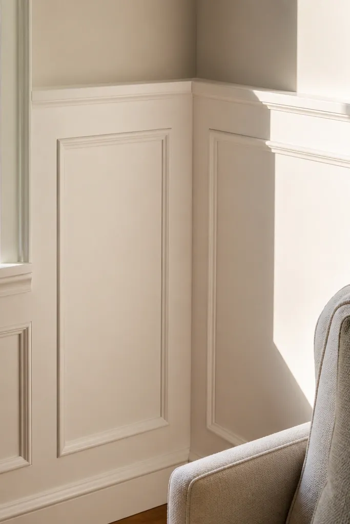 Painted panel trim with a small shadow gap around the bay window