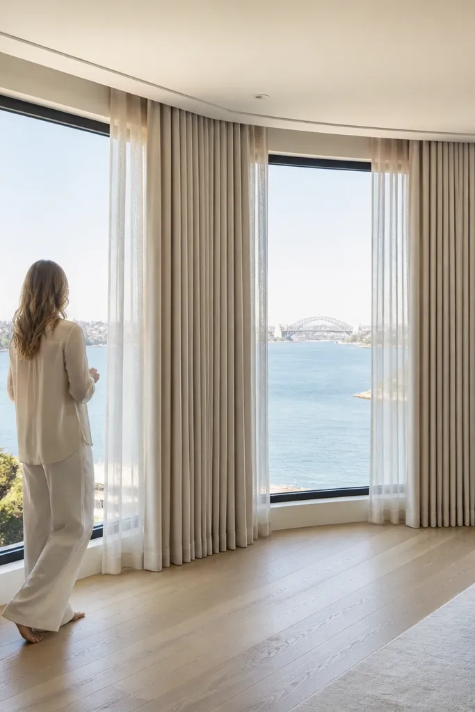 Ceiling-hung floor-length drapes covering a bay window with soft folds