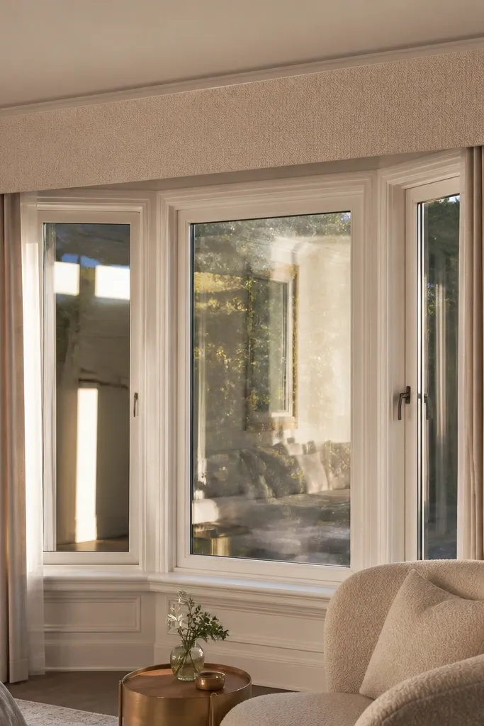 Upholstered valance with boxed sides above a bay window