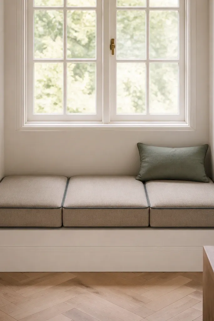 Cushions with piped edges on a bay window seat base