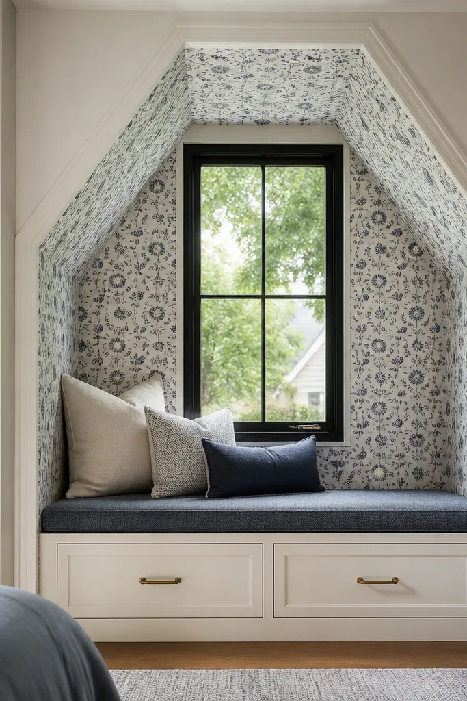 Patterned wallpaper inside the bay recess with crisp framed borders