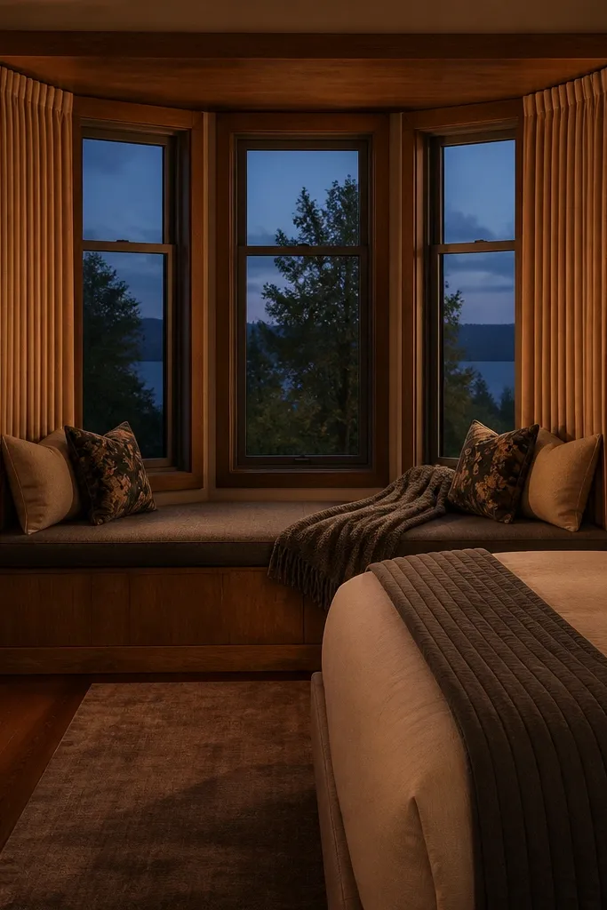 Wall sconces with warm light shining into a bay window recess